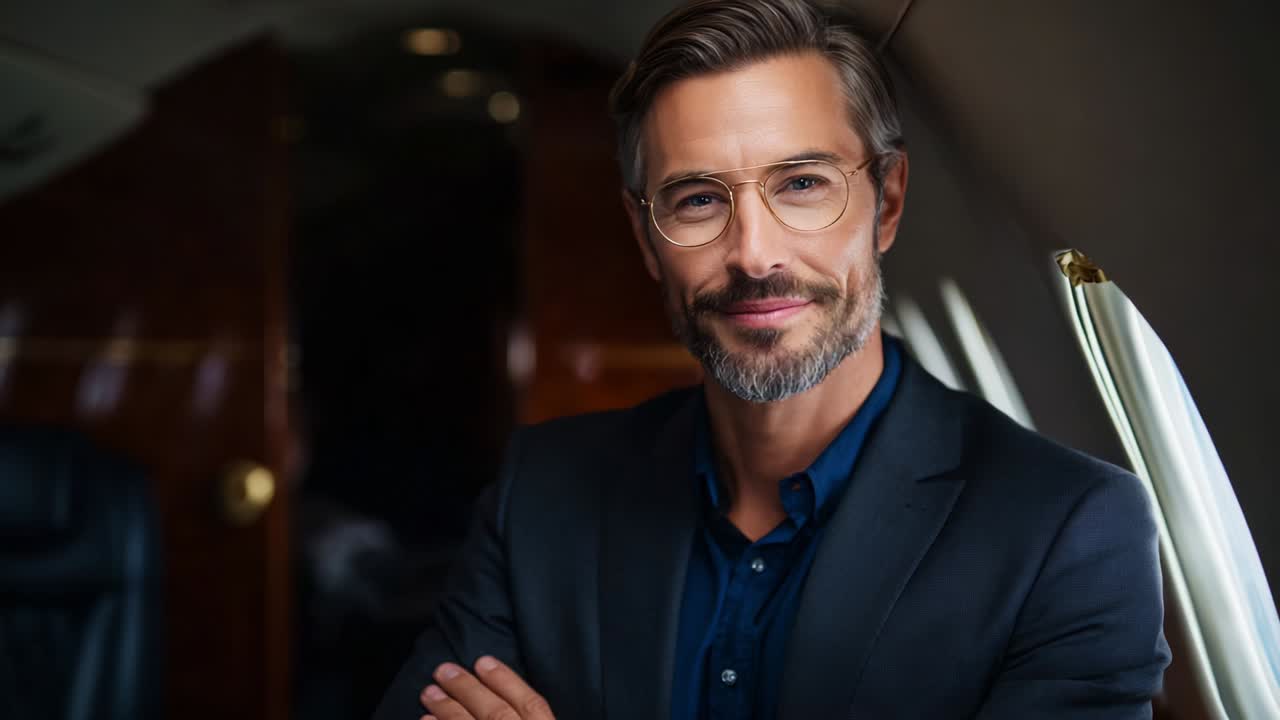 Confident Professional Man in Business Attire Relaxing in a Private Jet Cabin, Looking at the Camera with a Thoughtful Expression, Emphasizing Luxury Lifestyle and Success in Travel