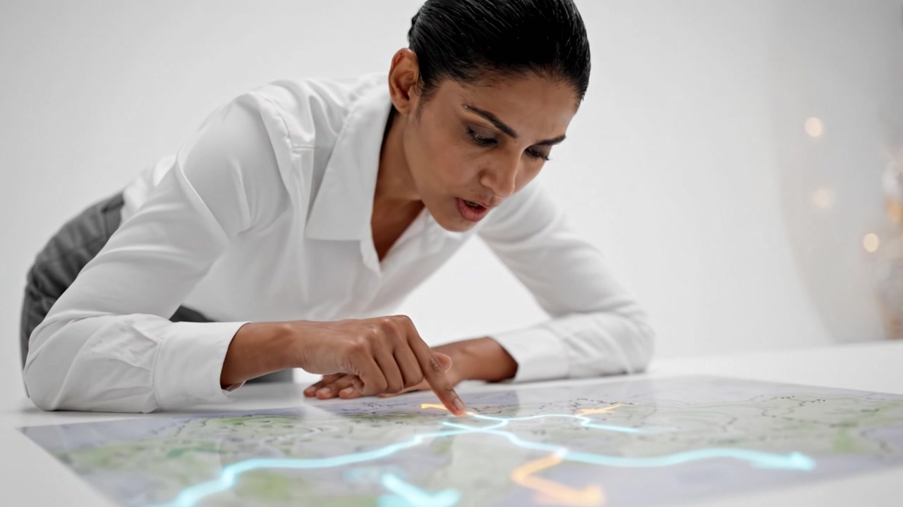Focused Professional Analyzes Interactive Map, Deliberately Planning Routes with Precision for Strategic Decision Making in a Modern Workspace Environment