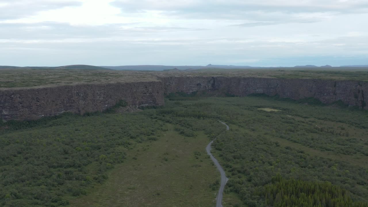 вид на каньон асбырги с лесом в исландии в пасмурный день, аэрофотосъемка