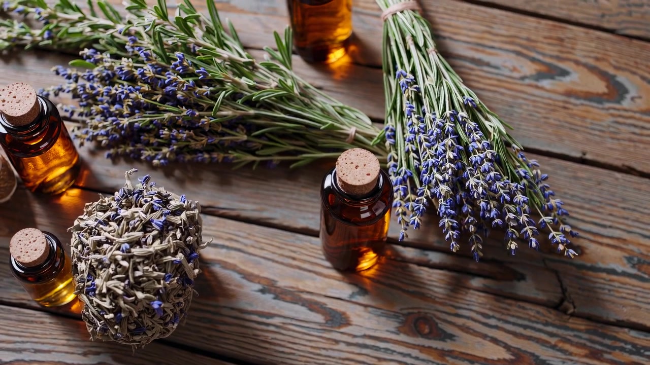 Bottiglie di olio essenziale di lavanda e fiori secchi su un tavolo di legno rustico