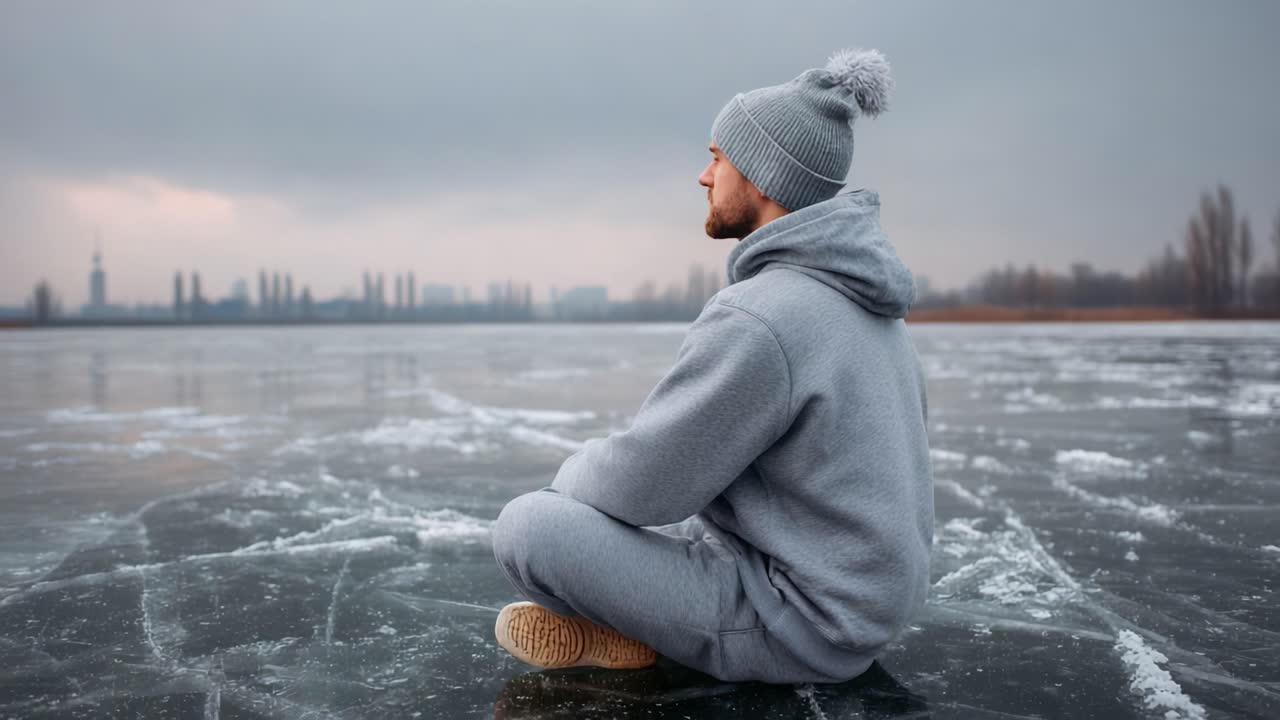 A Man Meditates on a Frozen Lake, Surrounded by a Gloomy Sky, Embracing Stillness Amidst the Icy Landscape and Tranquil Atmosphere