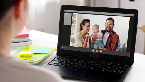 Personas,-Tecnología-Y-Concepto-De-Comunicación-En-Línea-Portátil-Con-Familia-Teniendo-Videollamadas-O-Fiesta-De-Cumpleaños-Virtual-En-Pantalla,-Pastel,-Caja-De-Regalo-Y-Café-En-La-Mesa-En-Casa