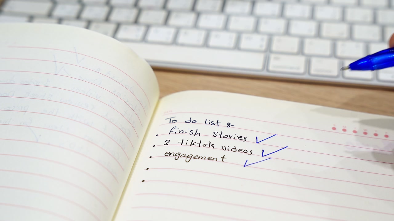 A close up view of a hand using a blue pen to check off social media tasks on a handwritten to-do list. The open notebook sits on a wooden desk beside a blurred white keyboard in a home office.