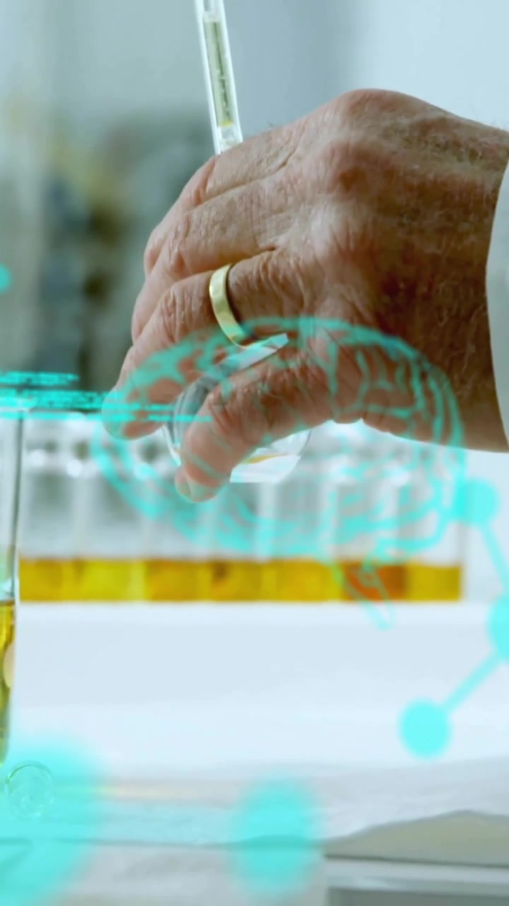 Animation of data processing with molecules and brains over caucasian male scientist working in lab