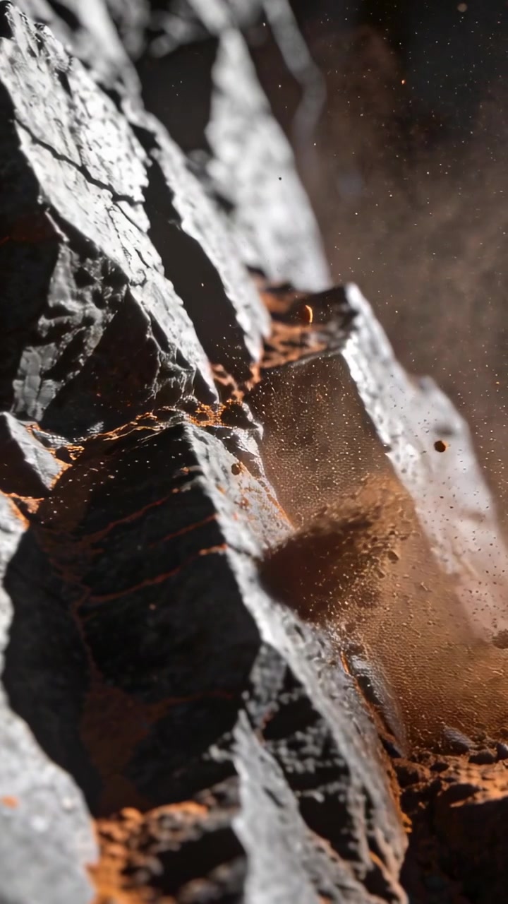Video verticale: Faccia di roccia fratturata che si sposta, rilasciando ciottoli e polvere da terreno sciolto su una scogliera.