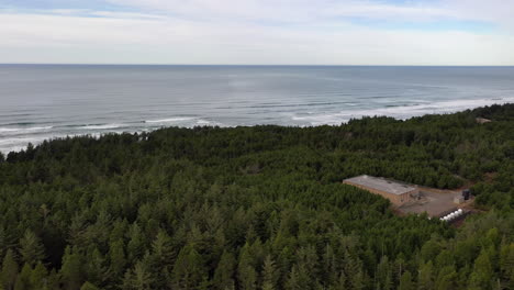 Edificio-Industrial-En-Medio-De-Un-Denso-Bosque-Junto-A-La-Playa---Toma-Aérea-De-Drones