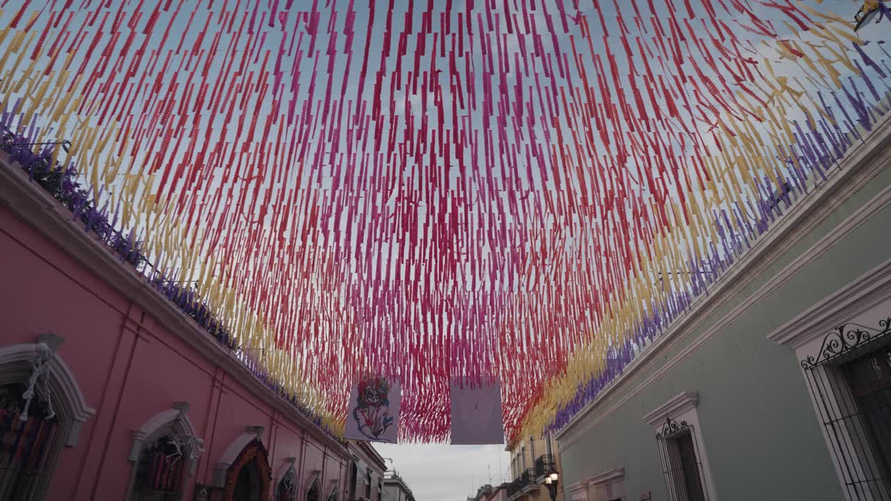 Festive street decorations in an urban setting