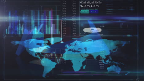 animación de estadísticas y procesamiento de datos financieros sobre el mapa del mundo