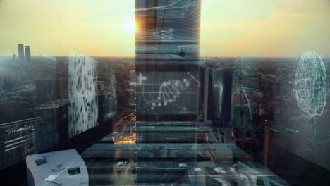 dna strand and scientific data processing animation over cityscape at sunset