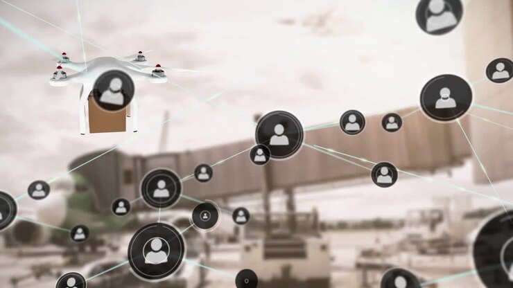 Animazione di icone connesse su un drone che trasporta una scatola di cartone sullo sfondo di un aereo parcheggiato e un camion