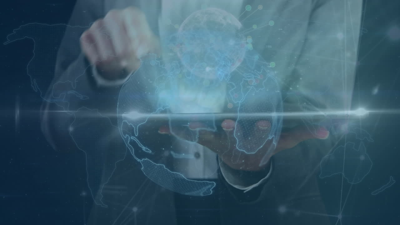 animación de una red de conexiones y globo sobre una mujer de negocios biracial usando una tableta