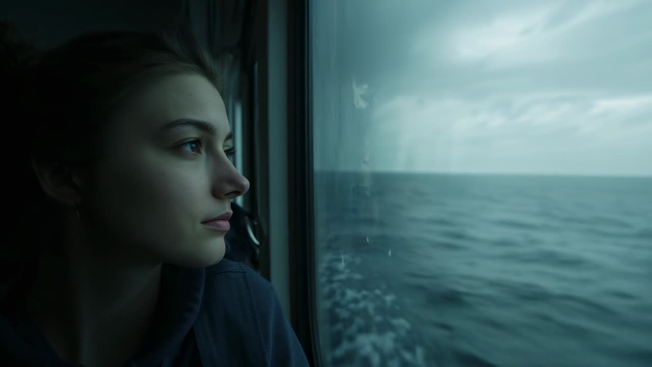 Donna in felpa scura con cappuccio apre gli occhi e reagisce alla scia mentre guarda fuori dal finestrino della nave, schiuma visibile.