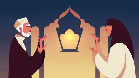 ramadan kareem animation with muslim couple praying