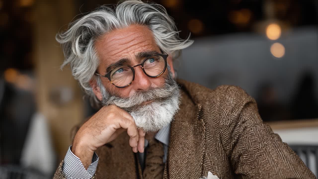 Captivating Portrait of a Distinguished Older Gentleman with Graying Hair and Stylish Attire, Exuding Wisdom and Charisma in a Cozy Setting