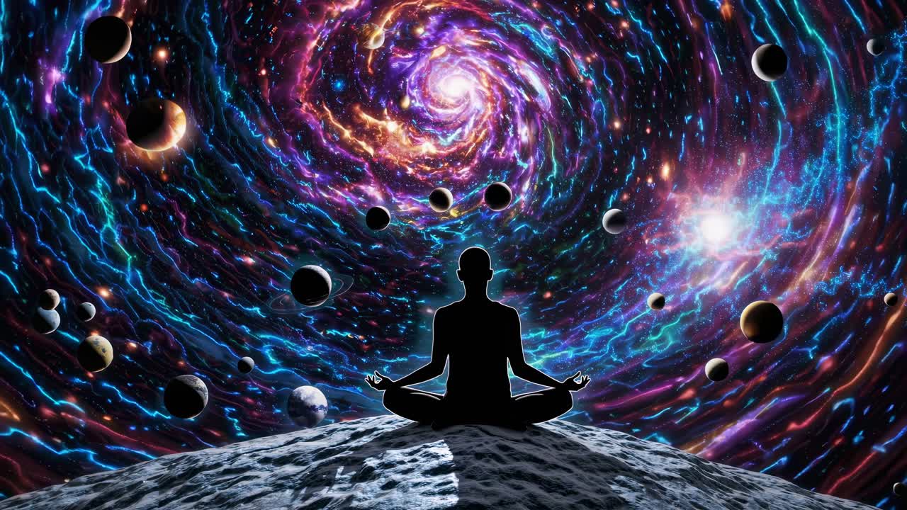 Una persona medita su una superficie rocciosa, in silhouette contro un vortice cosmico turbinante
