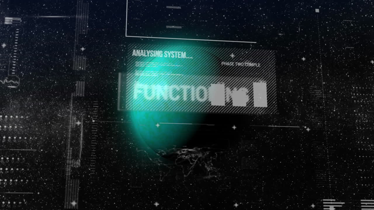 Futuristic interface displaying glowing turquoise-green sphere with data patterns over starfield