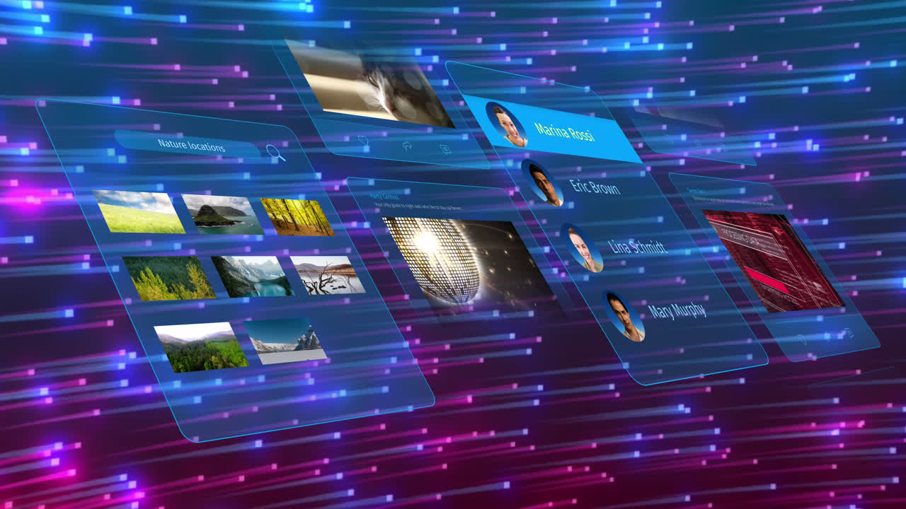 검은색 배경에 빛의 흔적 위에 소셜 미디어 게시물과 사람들의 프로필의 애니메이션