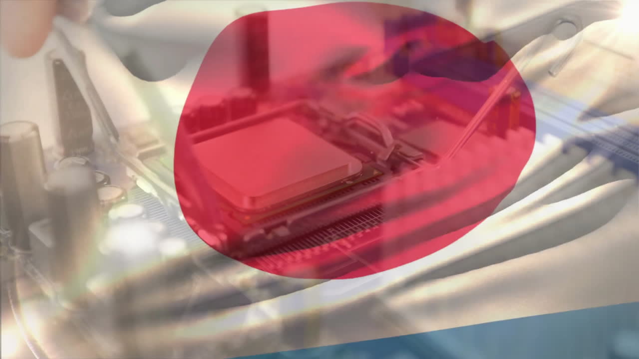 animación de la bandera de japón, procesamiento de datos digitales a través de una placa de circuitos informáticos