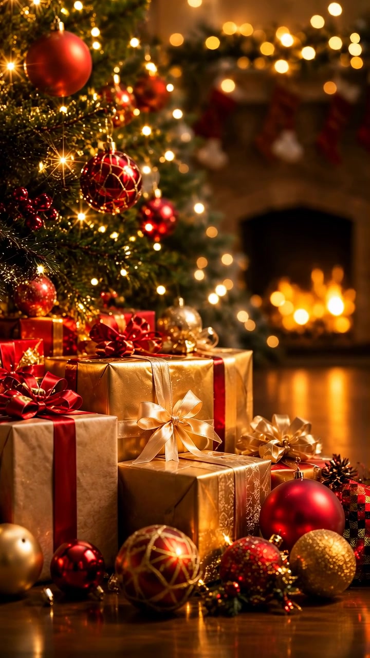 Regali incartati e ornamenti lucidi si trovano vicino a un albero di Natale illuminato soffusamente, creando una calda scena festiva con luci scintillanti, colori accoglienti e una profondità di campo ridotta.