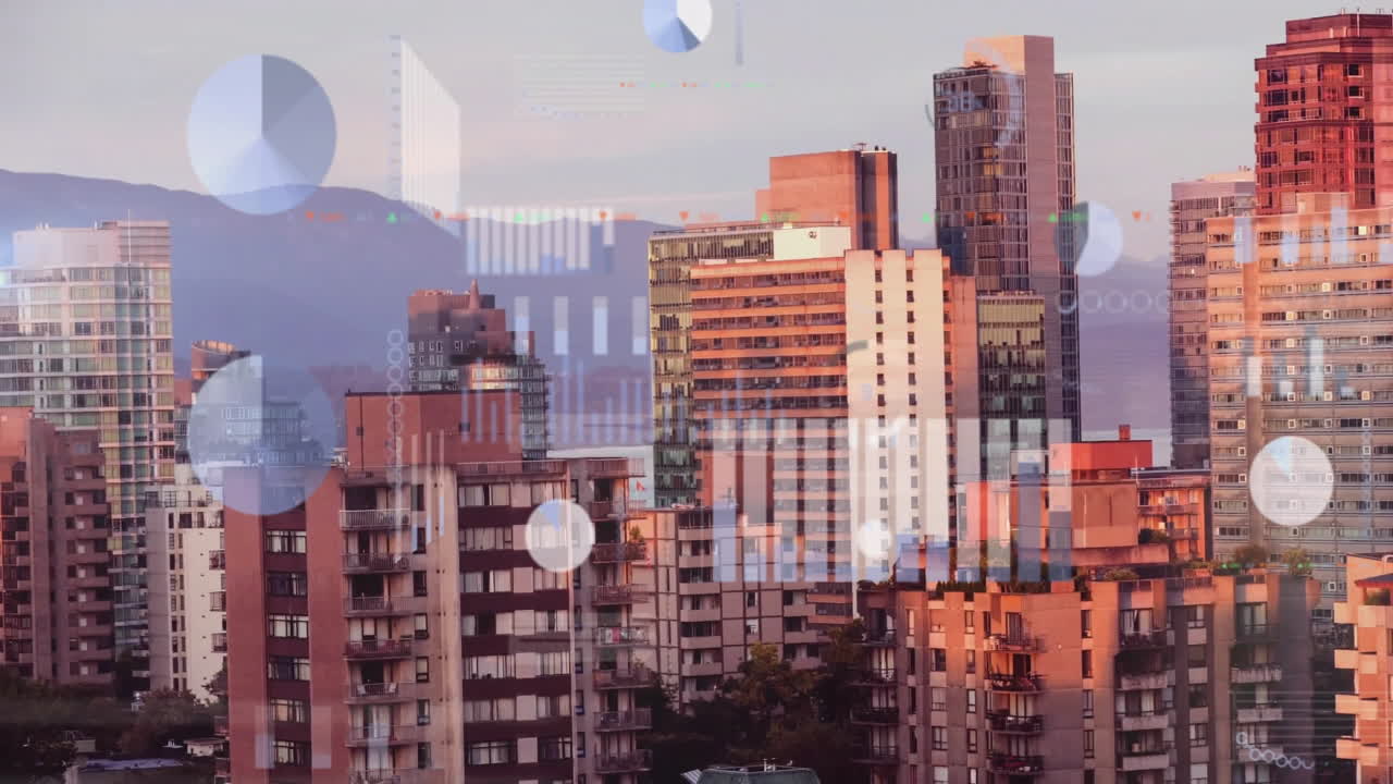 Cityscape with skyscrapers and mountains over financial data processing animation