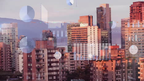 cityscape with skyscrapers and mountains over financial data processing animation