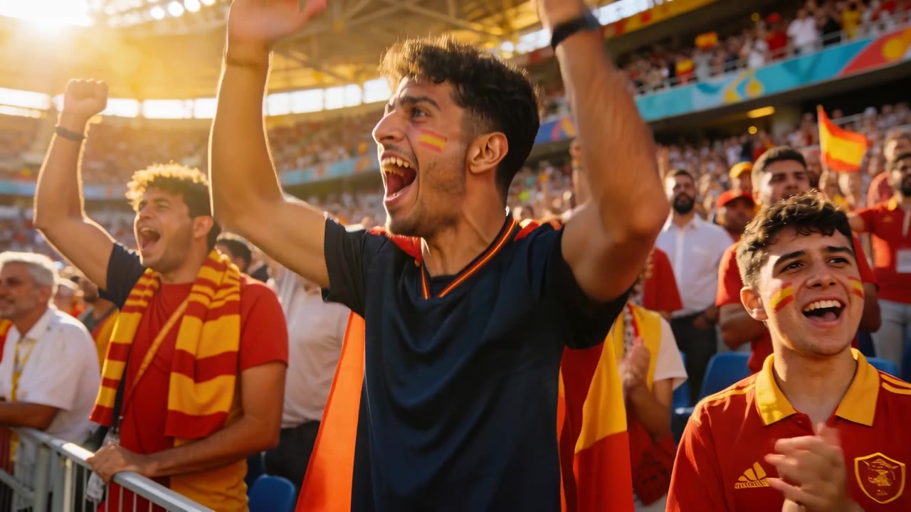 Aficionado masculino levantando los brazos, gritando y agitando los puños en el estadio después de un gol, con bufanda, banderas y pintura facial.