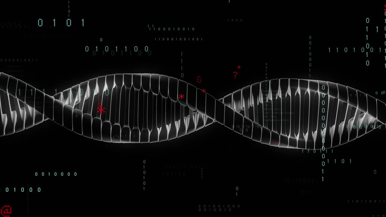 Processing scientific data, DNA strand and binary coding animation in lab setting