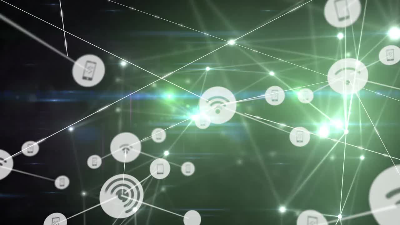 animación de la red de conexiones con iconos sobre fondo negro