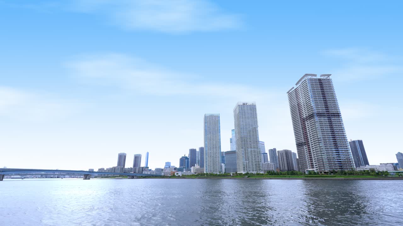 A peaceful wide shot of the Tokyo skyline from the water, showing towering modern skyscrapers under a clear blue sky