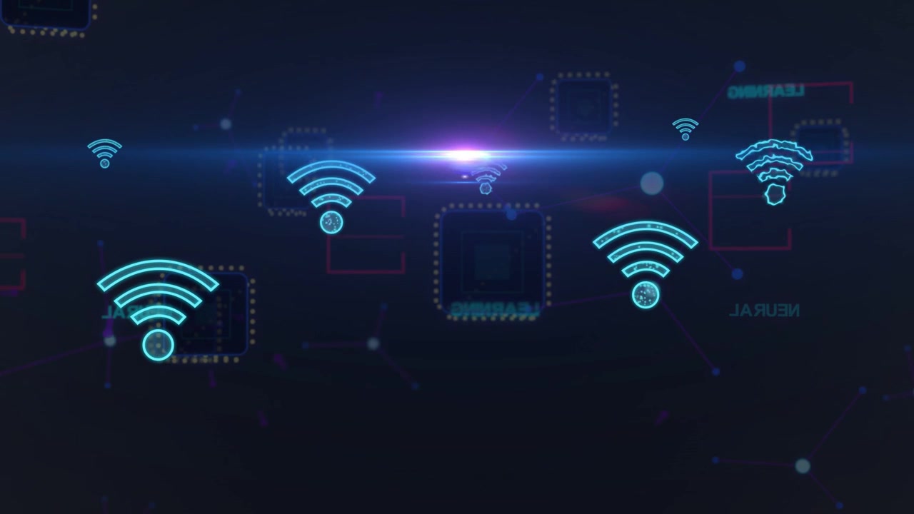 Single cyan icon appearing lower left, wireless icons emerging, aligning midline, showing data flow