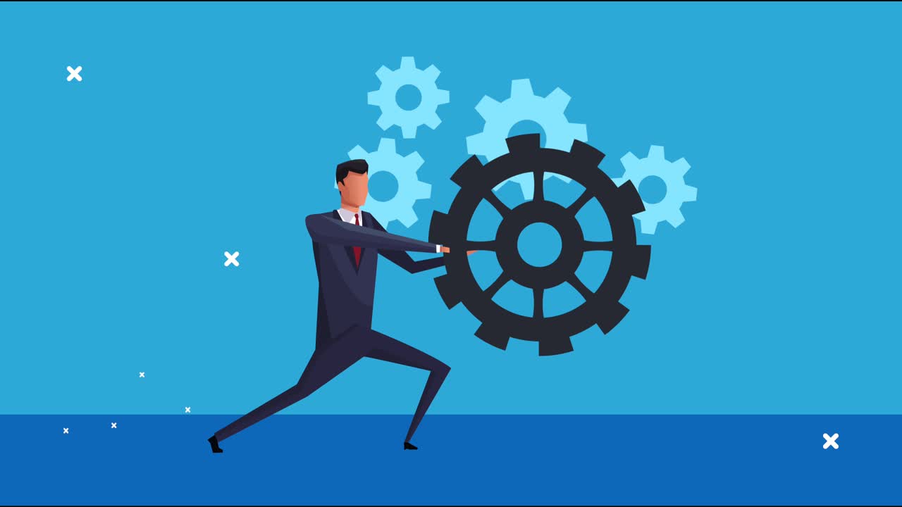 우아하고 성공적인 사업가가 기어를 밀고 있는 애니메이션