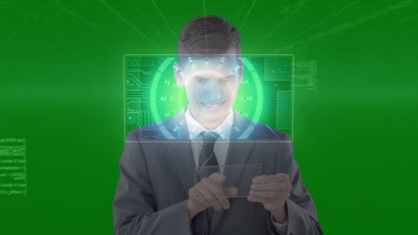 animación del escaneo del alcance y el procesamiento de datos sobre un hombre de negocios que usa una tableta