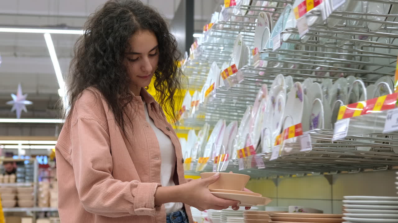 mujer comprando platos en un supermercado