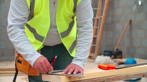 Close-Up-Of-Carpenter-Measuring-And-Cutting-Wood-On-Site