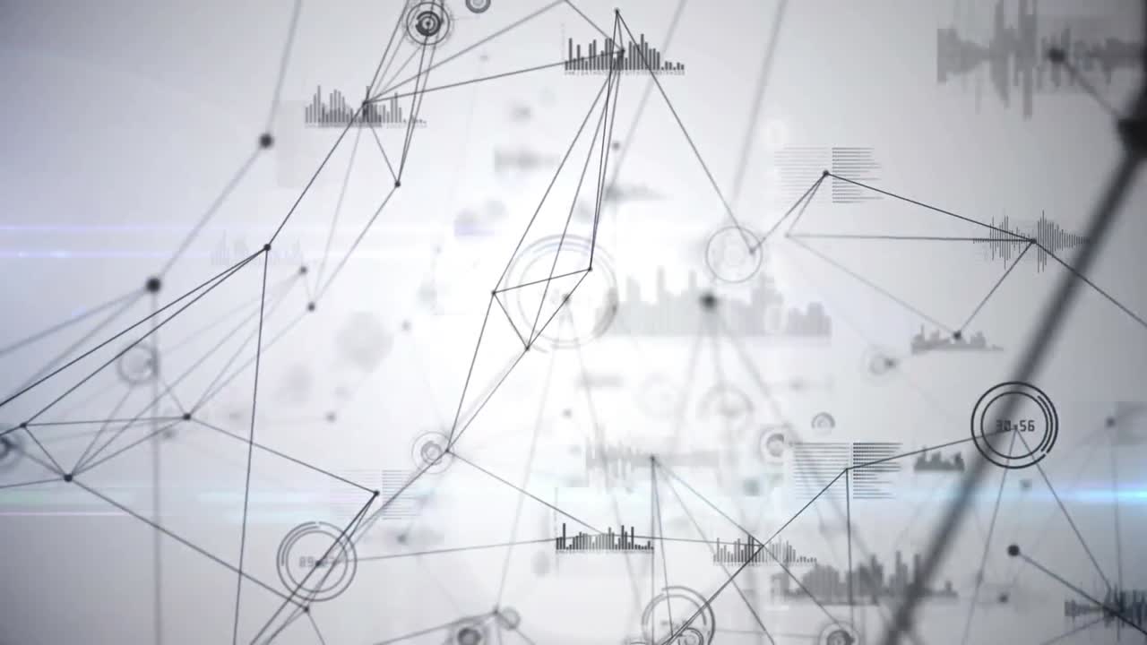 회색 배경에 대한 연결 네트워크와 데이터 처리의 디지털 애니메이션