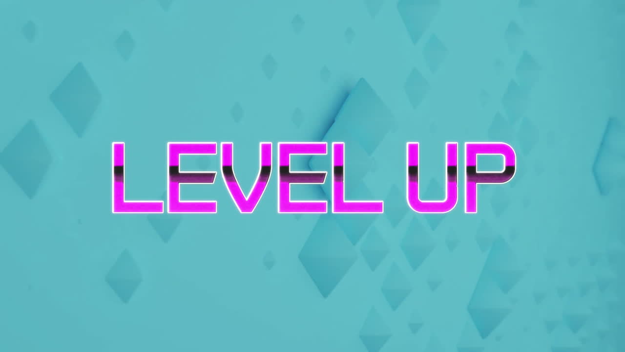 Level up text animation over blue shapes on abstract background