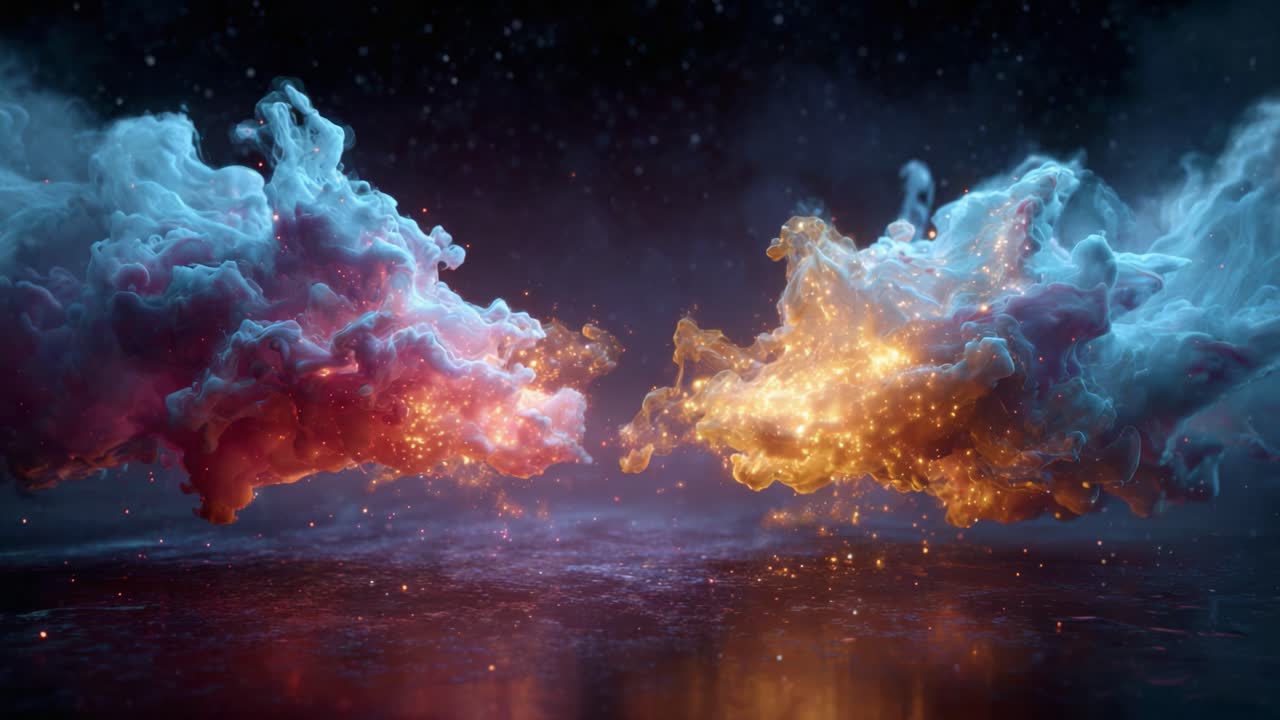 Uno spettacolo affascinante di nuvole colorate che si fondono in una gloriosa danza cosmica, mostrando vortici drammatici di blu, arancione e luce scintillante su uno sfondo scuro.