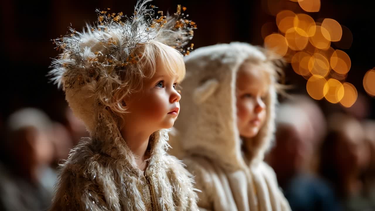 Two young children wearing adorable furry hooded outfits gaze in wonderment, surrounded by soft lights and a warm atmosphere that captures their innocence and excitement in a charming moment