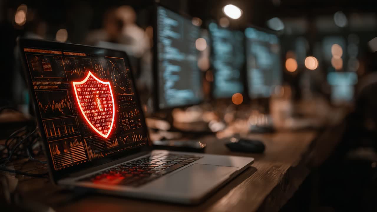 A Modern Cybersecurity Workspace Featuring a Laptop with a Digital Shield Icon, Representing Data Protection and Information Security in a Tech Environment