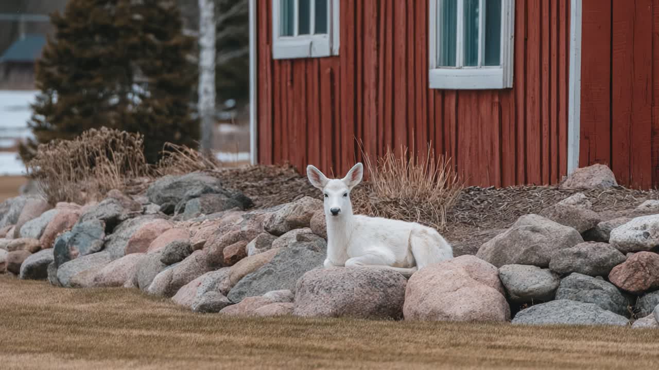 Et fredfyldt, hvidt rådyr hviler blandt klipper nær en rustik, rød lade og viser sin unikke farve og rolige væremåde i et fredeligt landligt miljø