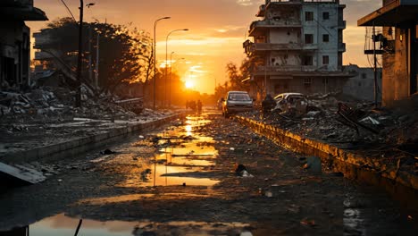 destruction and resilience at sunset in a war-torn urban landscape
