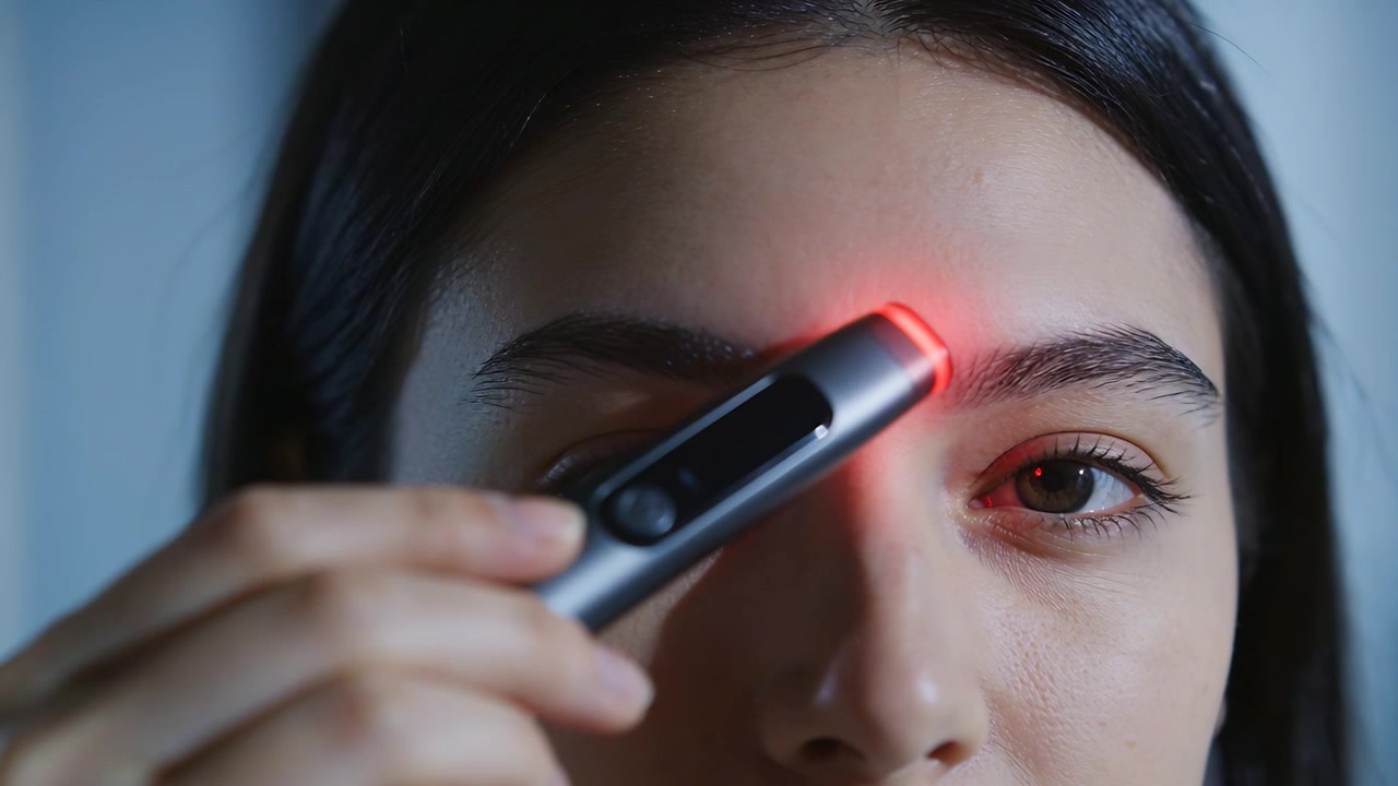 Turning on red light as woman gliding metal-device across brow and forehead at home doing skincare
