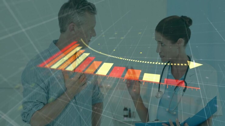 Physician reviewing clipboard 3D chart appearing as patient pressing chest arrow curving forward