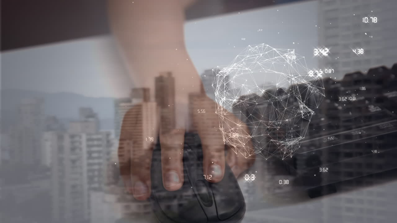 컴퓨터 마우스를 사용하여 백인 어린이의 손 위의 지구와 좌표의 애니메이션