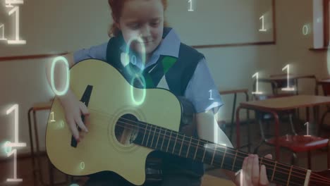 animation of binary code over happy caucasian girl playing guitar