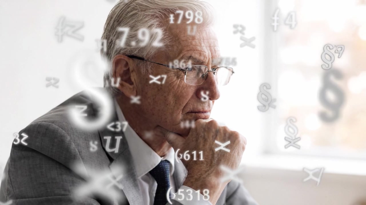 Contemplation of Complexities: An Elderly Man Reflects on Abstract Mathematical Concepts Amidst a Thought-Provoking Environment of Numbers and Symbols