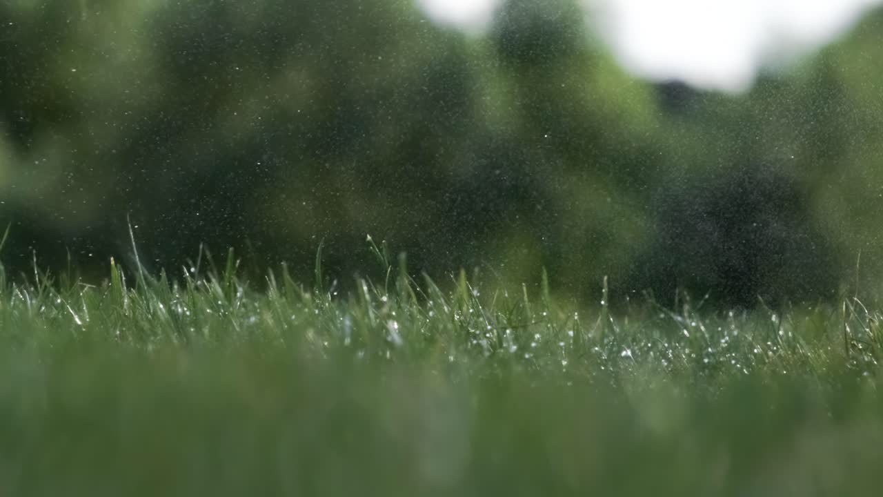 клуб для гольфа бьет мяч для гольфа в супер медленном движении. капли утренней росы и частицы травы поднимаются в воздух после удара.