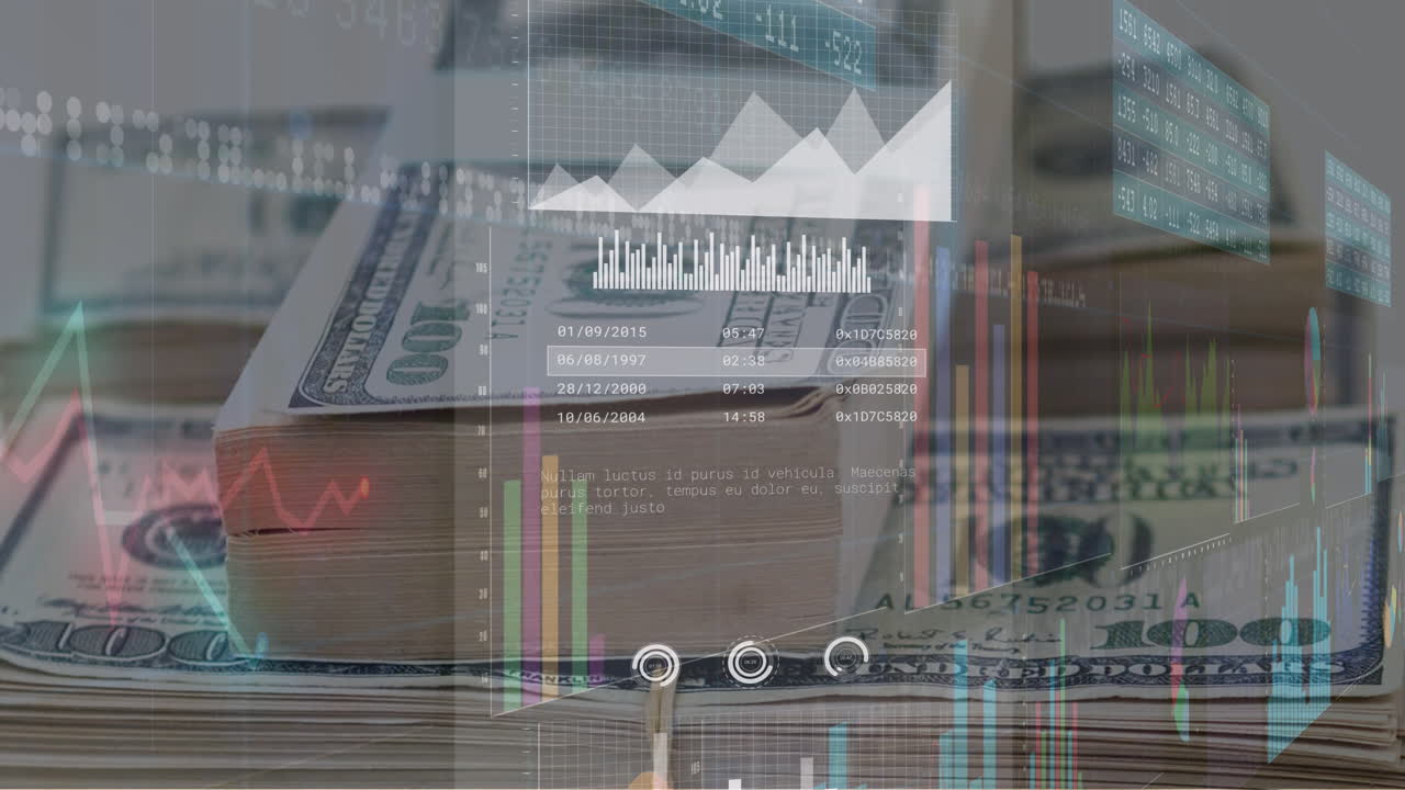 미국 달러 지폐에 대한 금융 데이터 처리 애니메이션