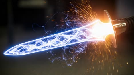 a mesmerizing blade of energy: illuminating a dynamic sword with electric sparks and ethereal blue glow captured in motion