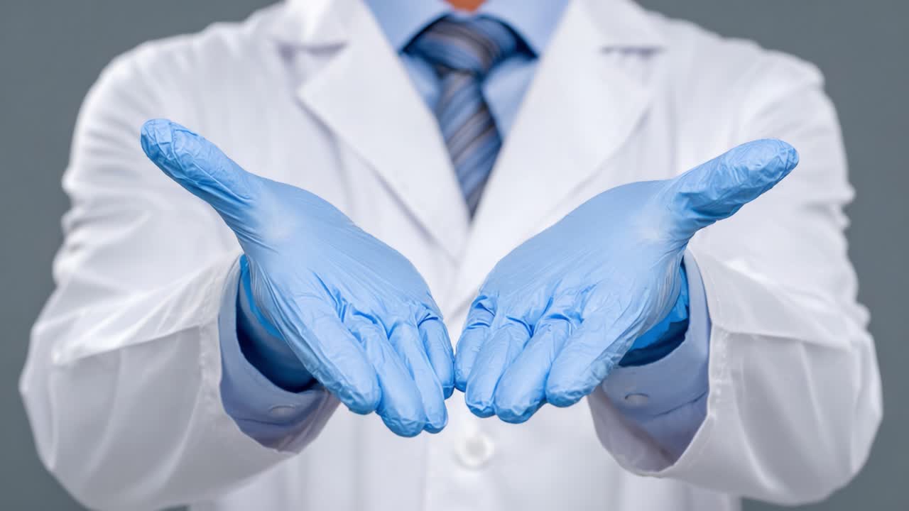 Um profissional com vestimenta médica e luvas azuis, transmitindo cuidado e atenção em um ambiente clínico, simbolizando práticas de segurança e higiene.